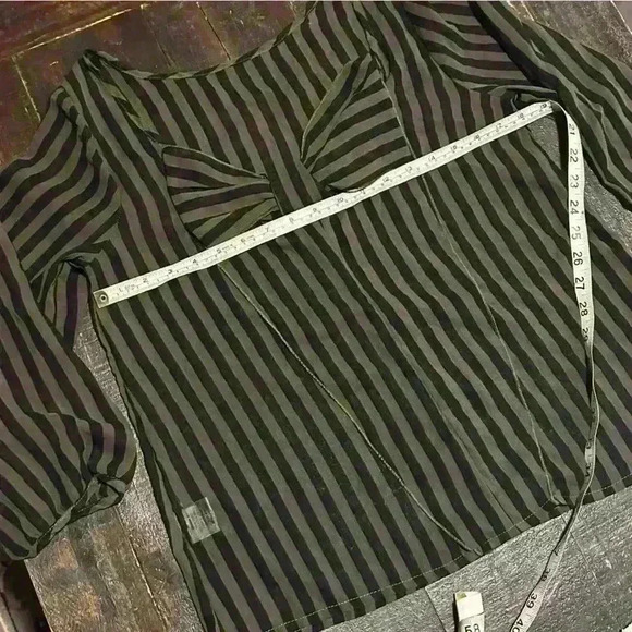 Olive and Black Women’s M Striped Sheer Blouse Bow Classic Boho modern stylish - Picture 3 of 9